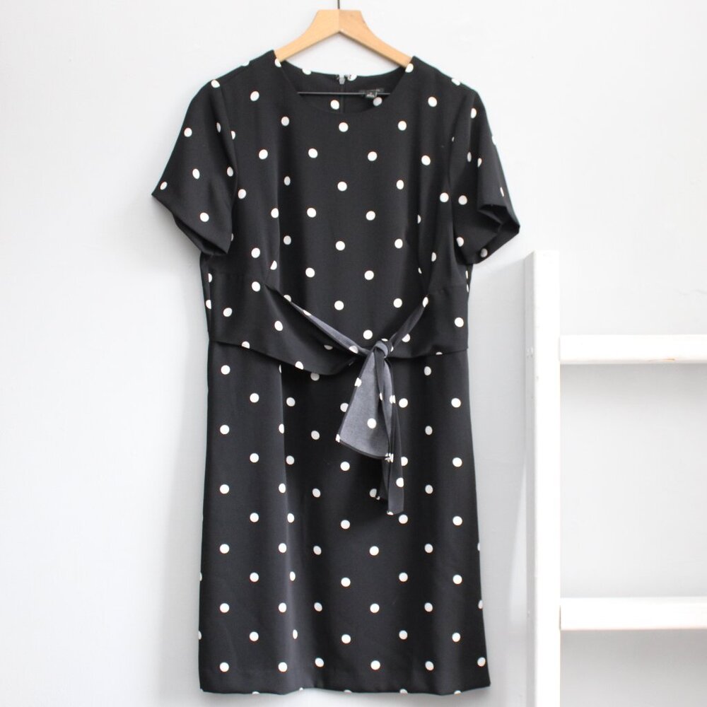 Ann Taylor Black White Polka Dot Tie Front T-Shirt Shift Short Sleeve Dress 10 - Picture 2 of 8